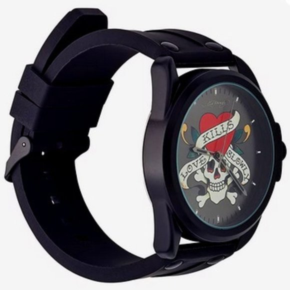 ED HARDY GOTH MATTE BLACK SKULL LOVE KILLS SLOWLY MEN'S SILICONE STRAP WATCH~NEW - Picture 4 of 7